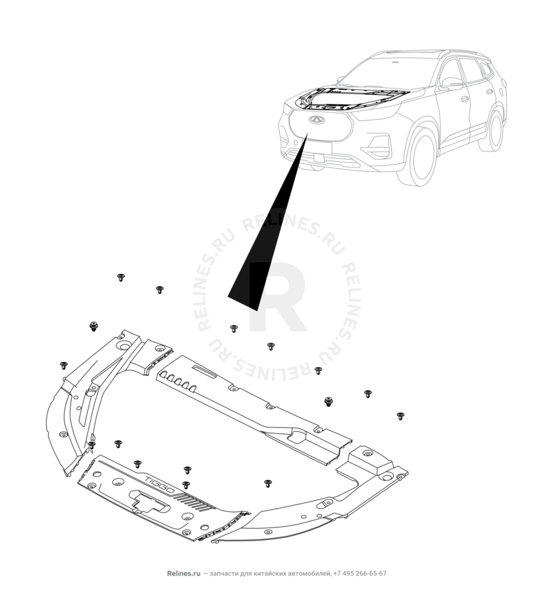 Запчасти Chery Tiggo 8 Pro Поколение I (2020)  — Накладка моторного отсека (1) — схема