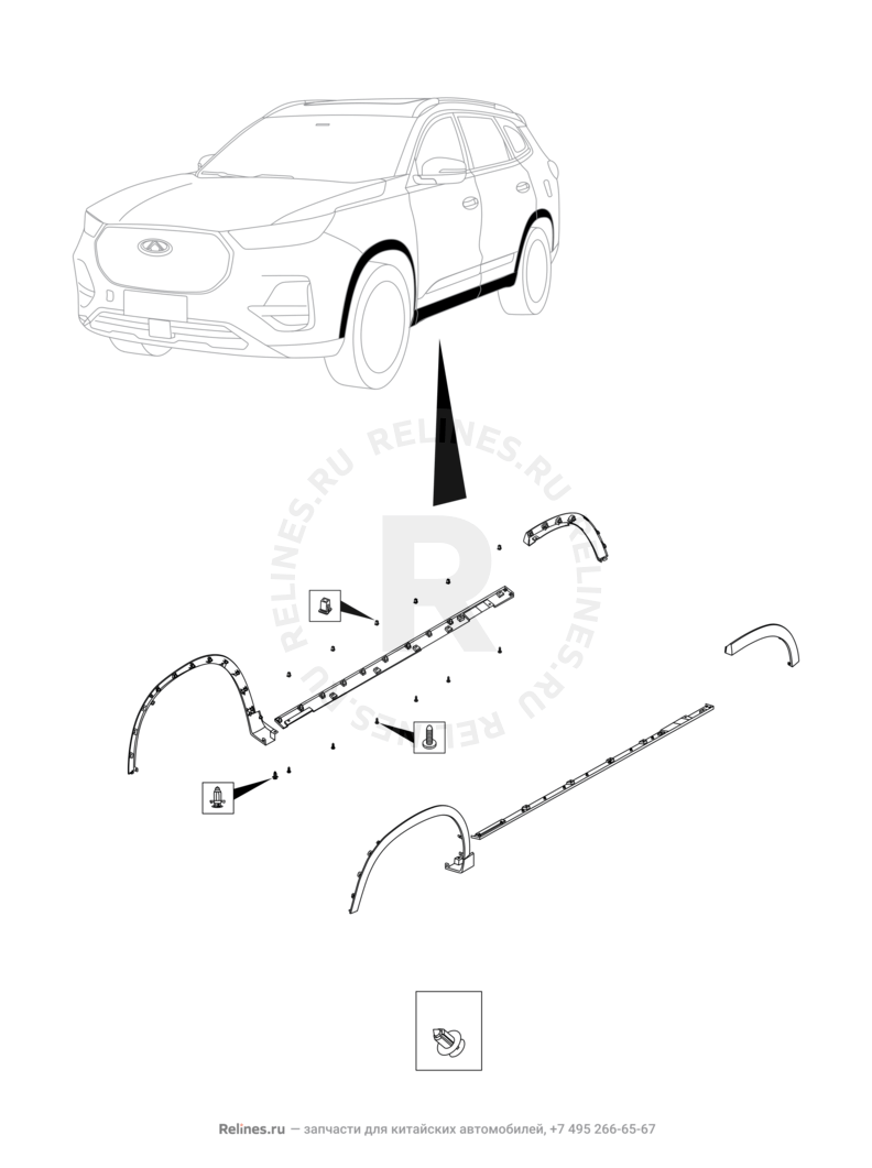 Запчасти Chery Tiggo 8 Pro Поколение I (2020)  — Пороги, расширители колесных арок, молдинги — схема