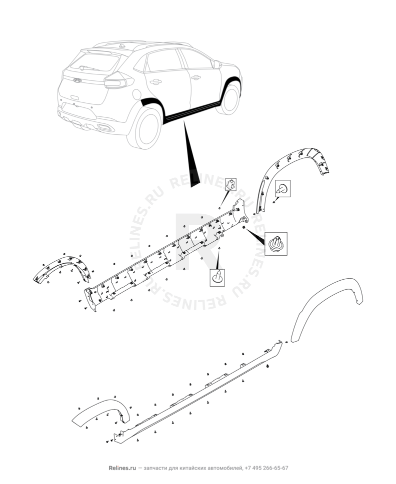 Запчасти Chery Tiggo 2 Pro Поколение I (2021)  — Пороги, расширители колесных арок, молдинги — схема