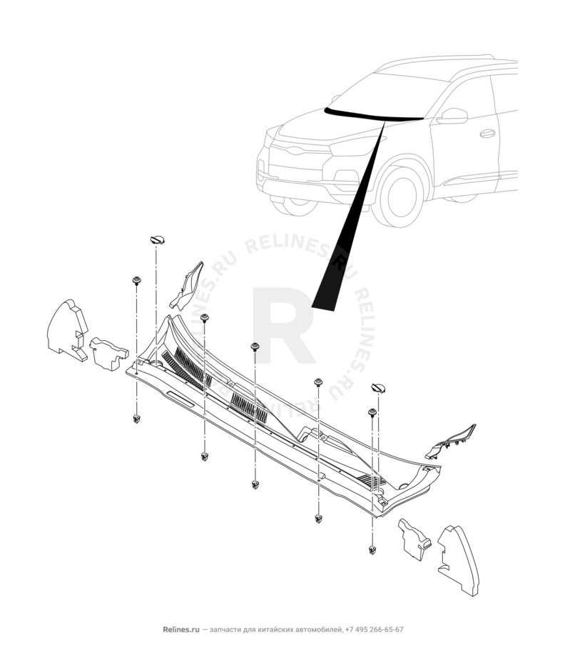 Запчасти Chery Tiggo 4 Pro Поколение I (2021)  — Панель лобового стекла (жабо) (1) — схема