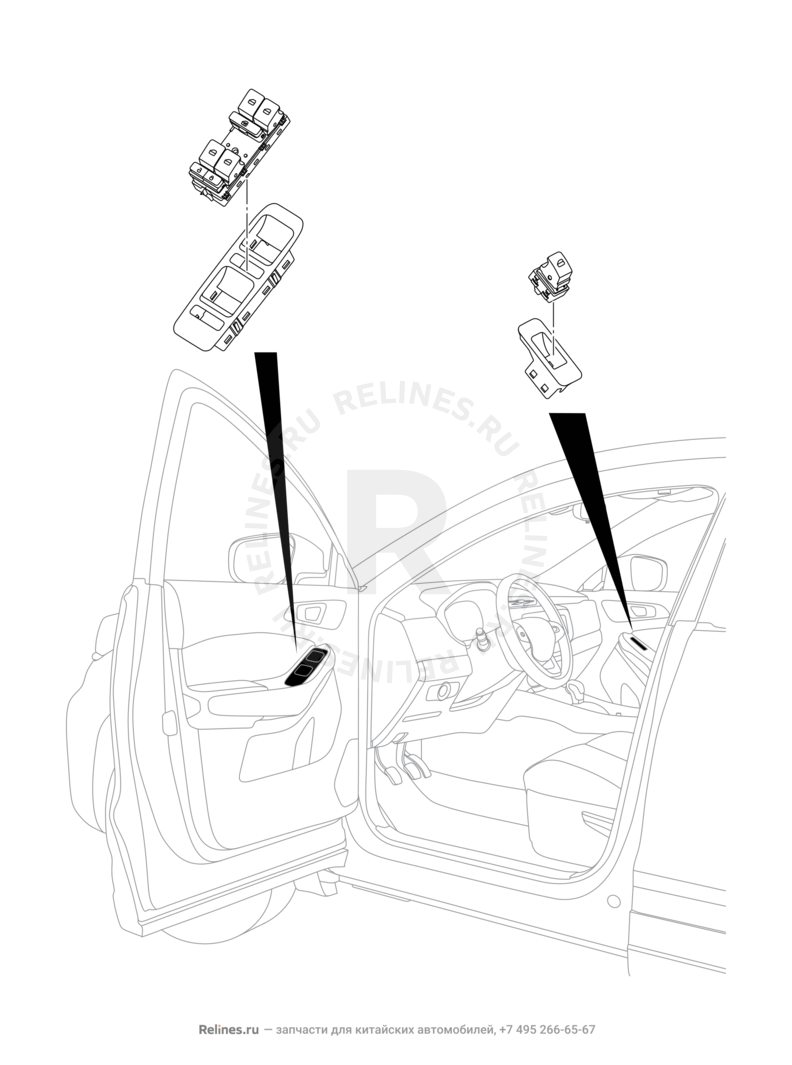 Запчасти Chery Tiggo 4 Поколение I — рестайлинг (2018)  — Кнопка стеклоподъемника и накладка для кнопок стеклоподъемника (2) — схема