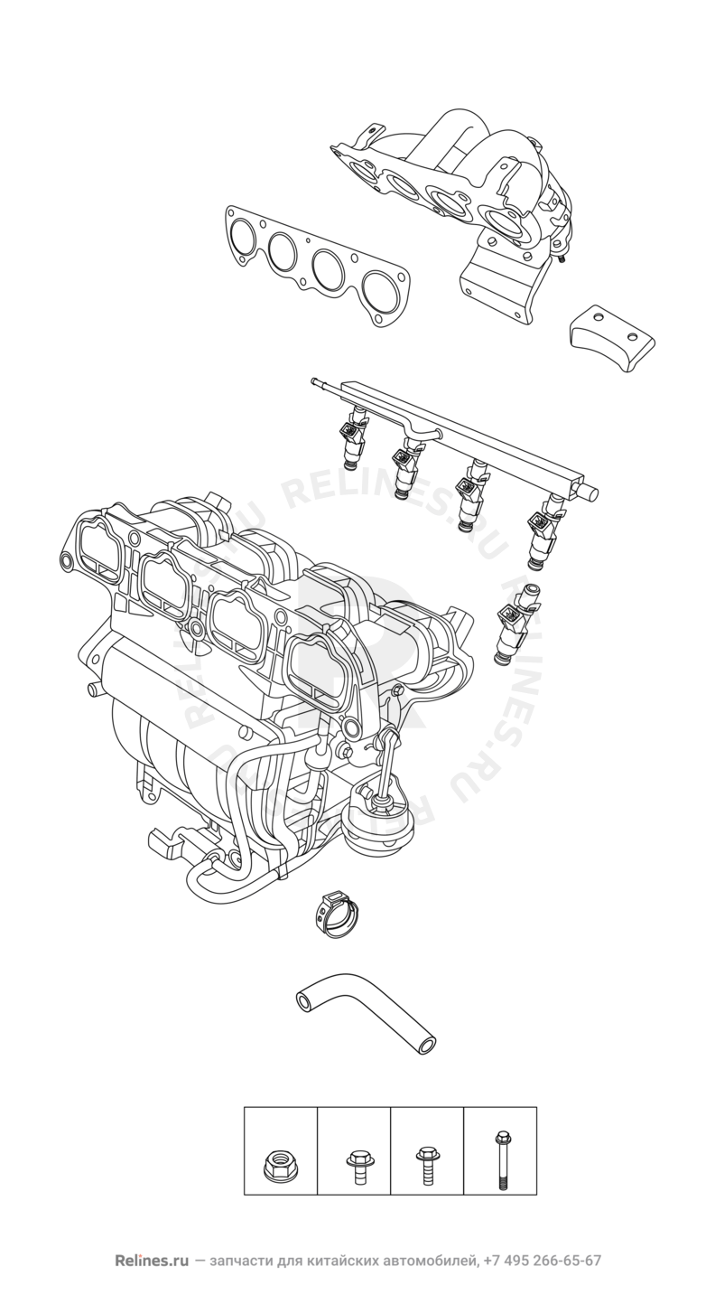 Запчасти Chery Tiggo 3 Поколение I (2014)  — Впускной и выпускной коллекторы, прокладки — схема
