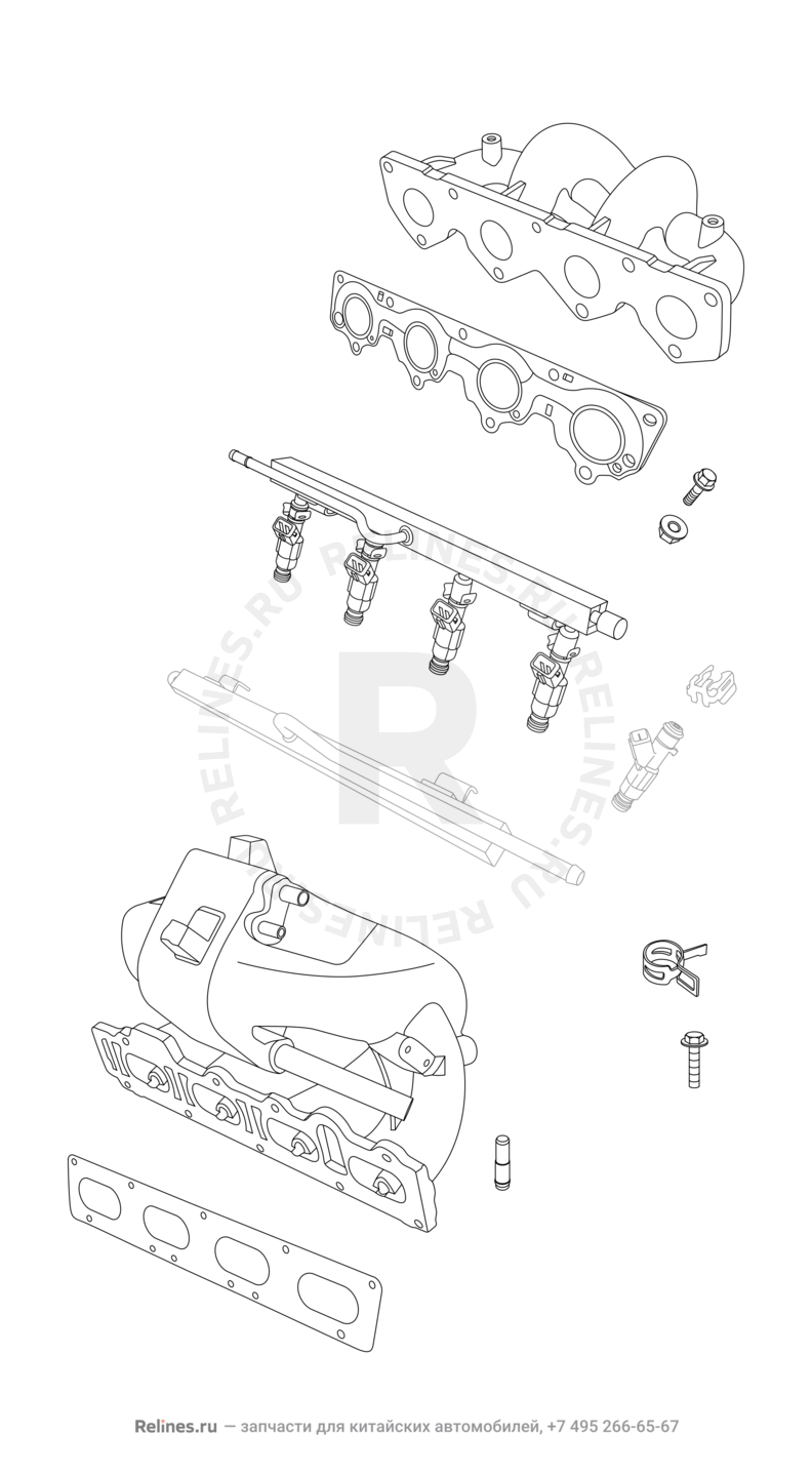 Запчасти Chery Tiggo 5 Поколение I (2013)  — Впускной и выпускной коллекторы, прокладки — схема