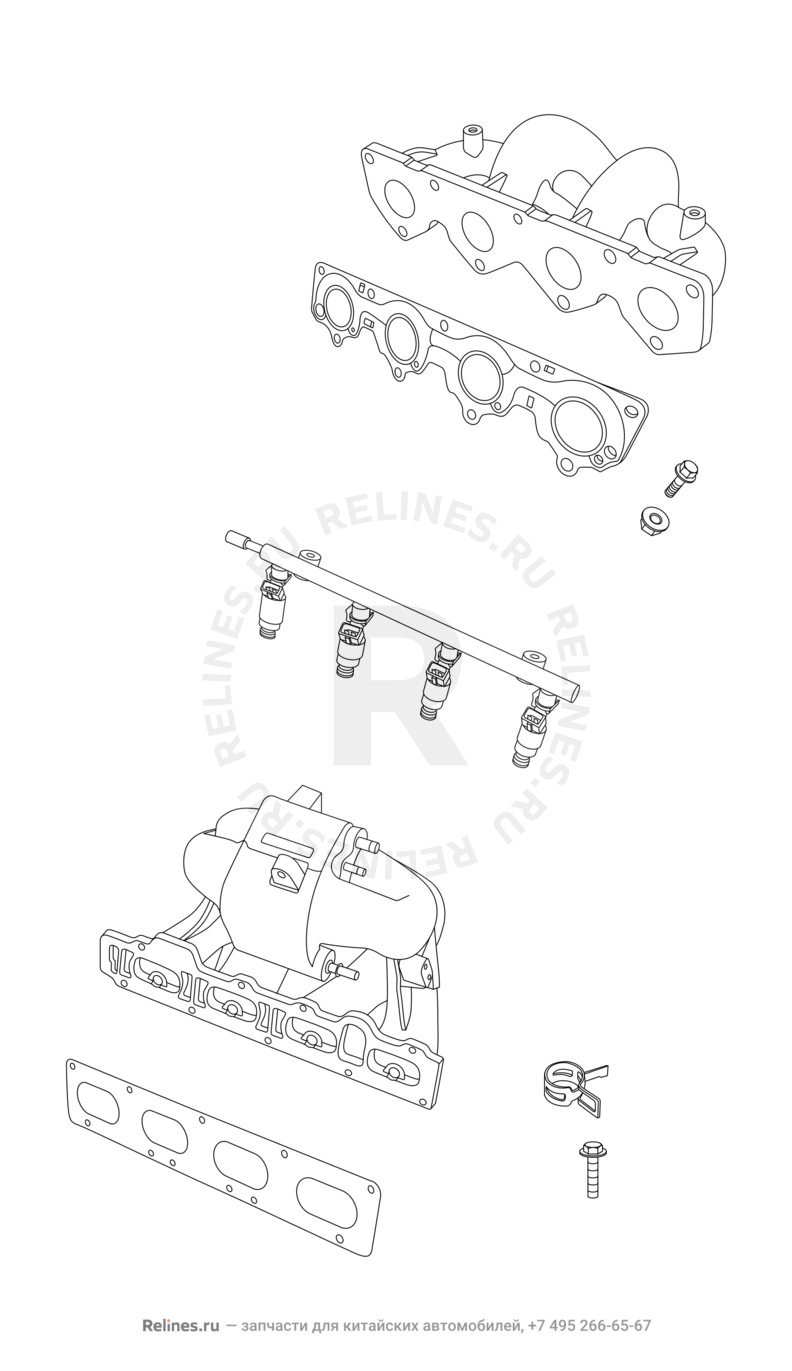 Запчасти Chery Tiggo 5 Поколение I (2013)  — Впускной и выпускной коллекторы, прокладки — схема