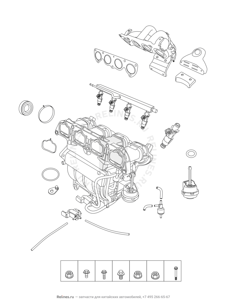 Запчасти Chery Tiggo 3 Поколение I (2014)  — Впускной и выпускной коллекторы, прокладки — схема