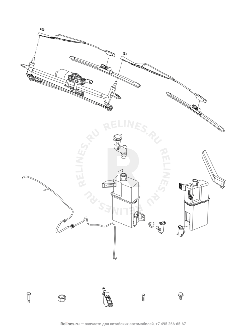 Запчасти Chery Arrizo 7 Поколение I (2013)  — Стеклоомыватели и их составляющие (насос, бачок, форсунка, трубки и прокладки) — схема