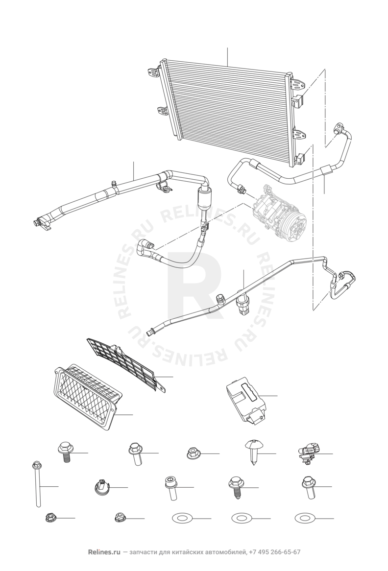 Радиатор, компрессор и трубки кондиционера Chery Arrizo 7 — схема
