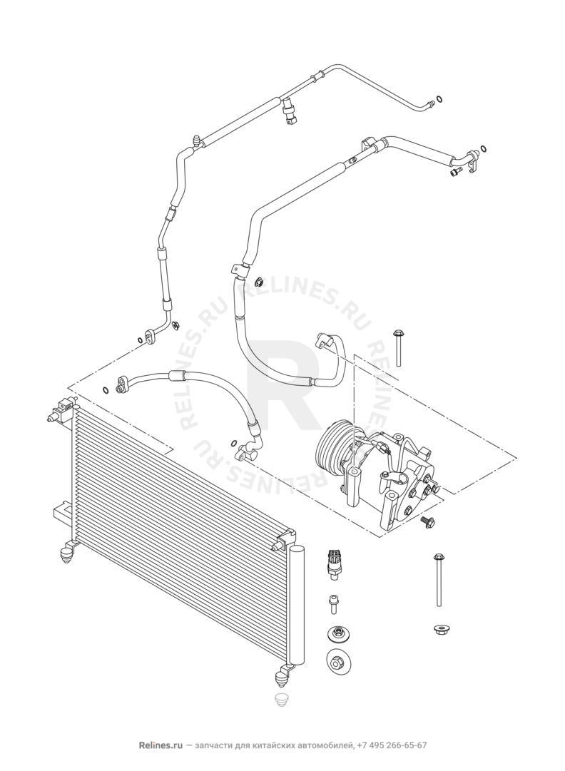 Радиатор, компрессор и трубки кондиционера Chery Bonus 3 — схема