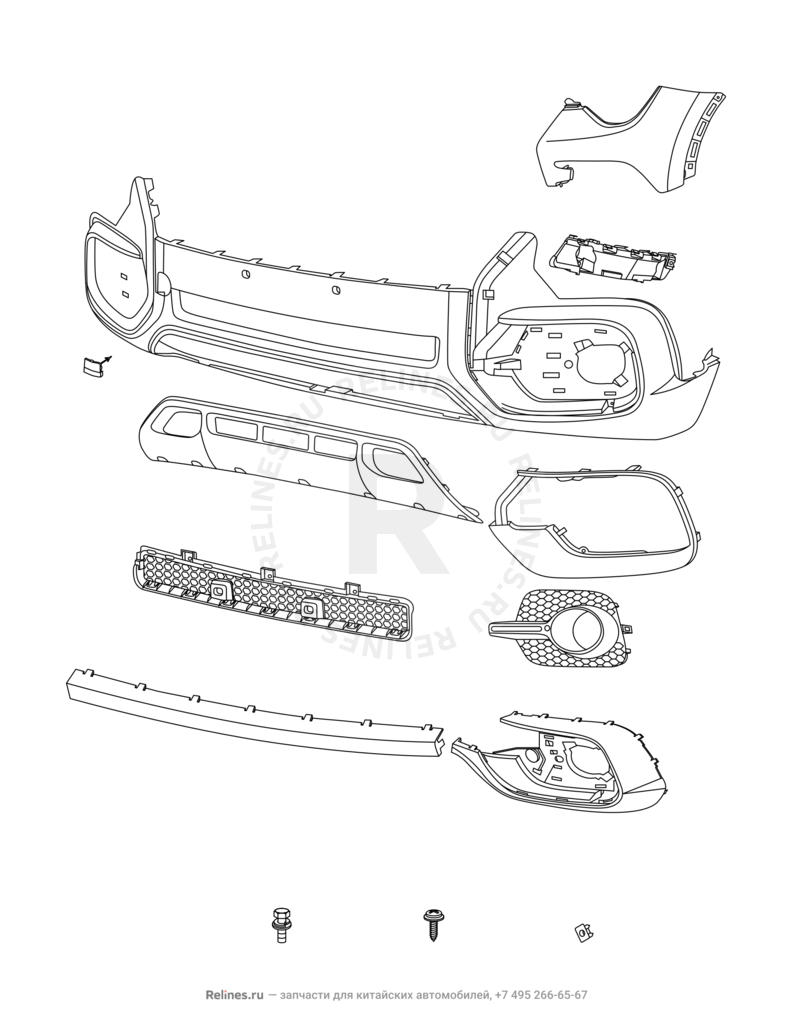 Запчасти Chery Tiggo 4 Поколение I (2017)  — Передний бампер и другие детали фронтальной части — схема