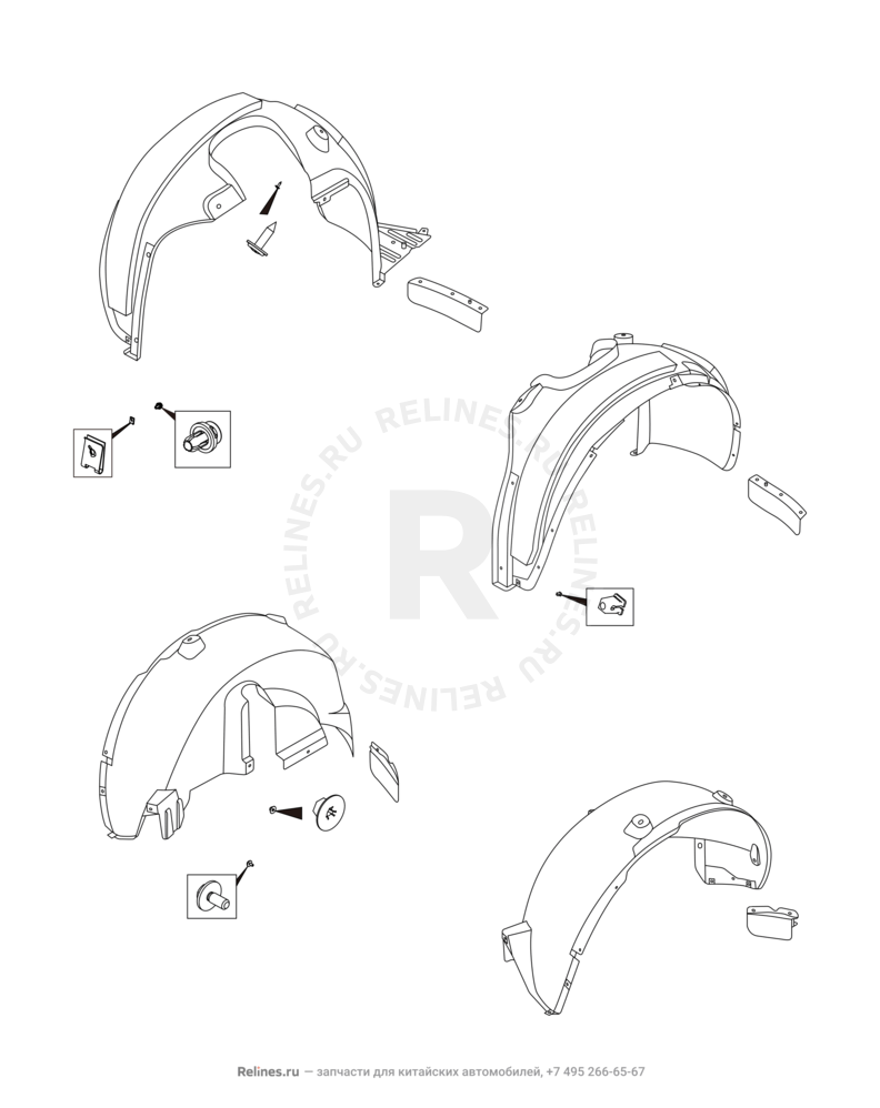 Запчасти Chery Tiggo 4 Поколение I (2017)  — Подкрылки и брызговики — схема