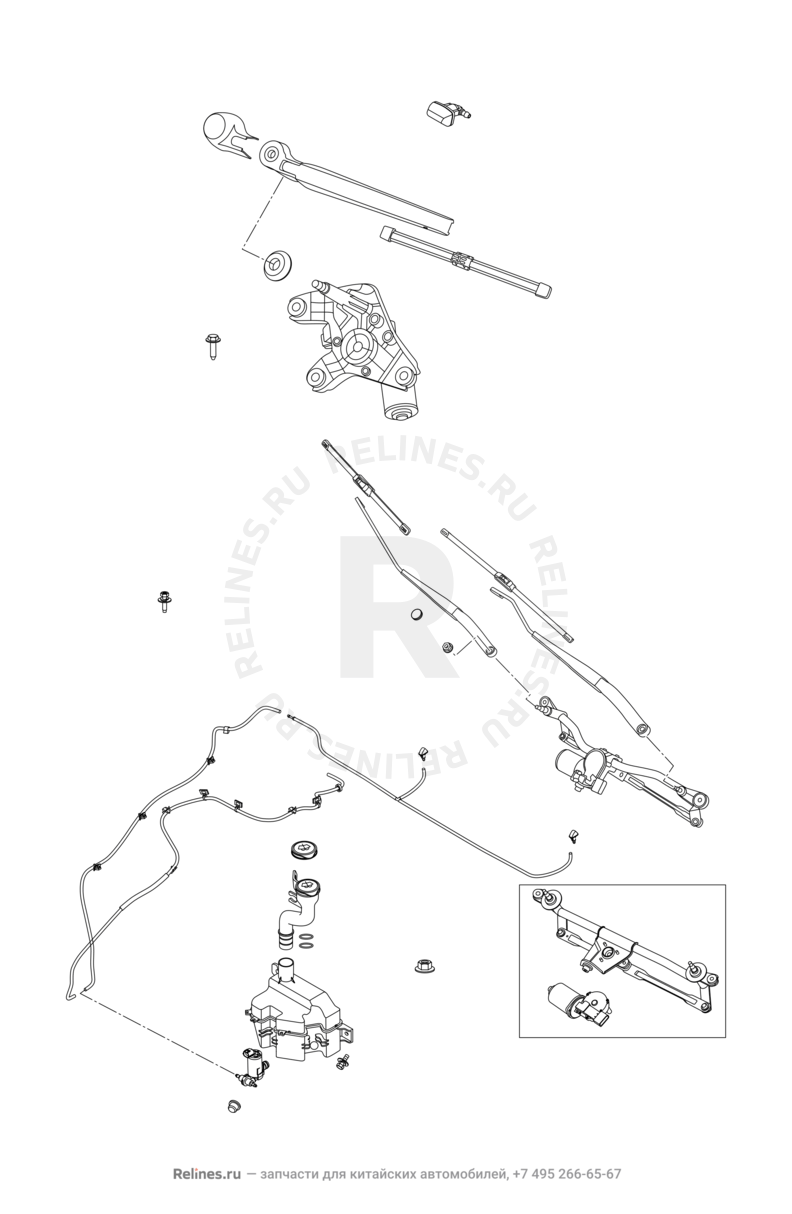 Стеклоомыватели и их составляющие (насос, бачок, форсунка, трубки и прокладки) Chery Tiggo 4 — схема