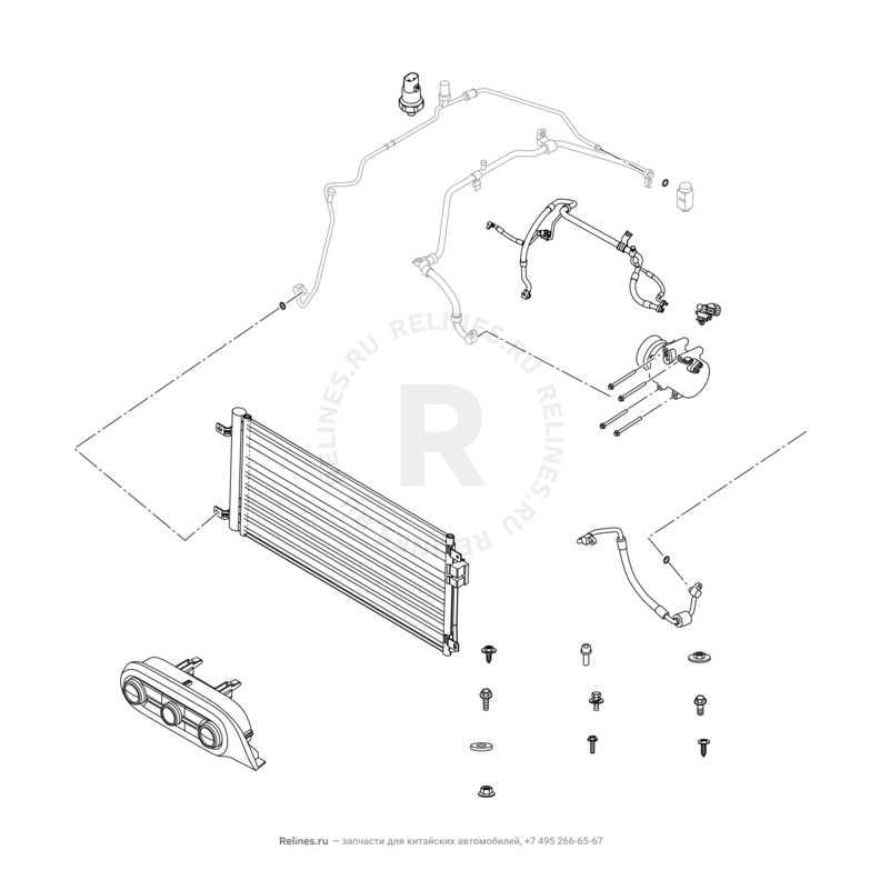 Запчасти Chery Tiggo 4 Поколение I (2017)  — Радиатор, компрессор и трубки кондиционера — схема