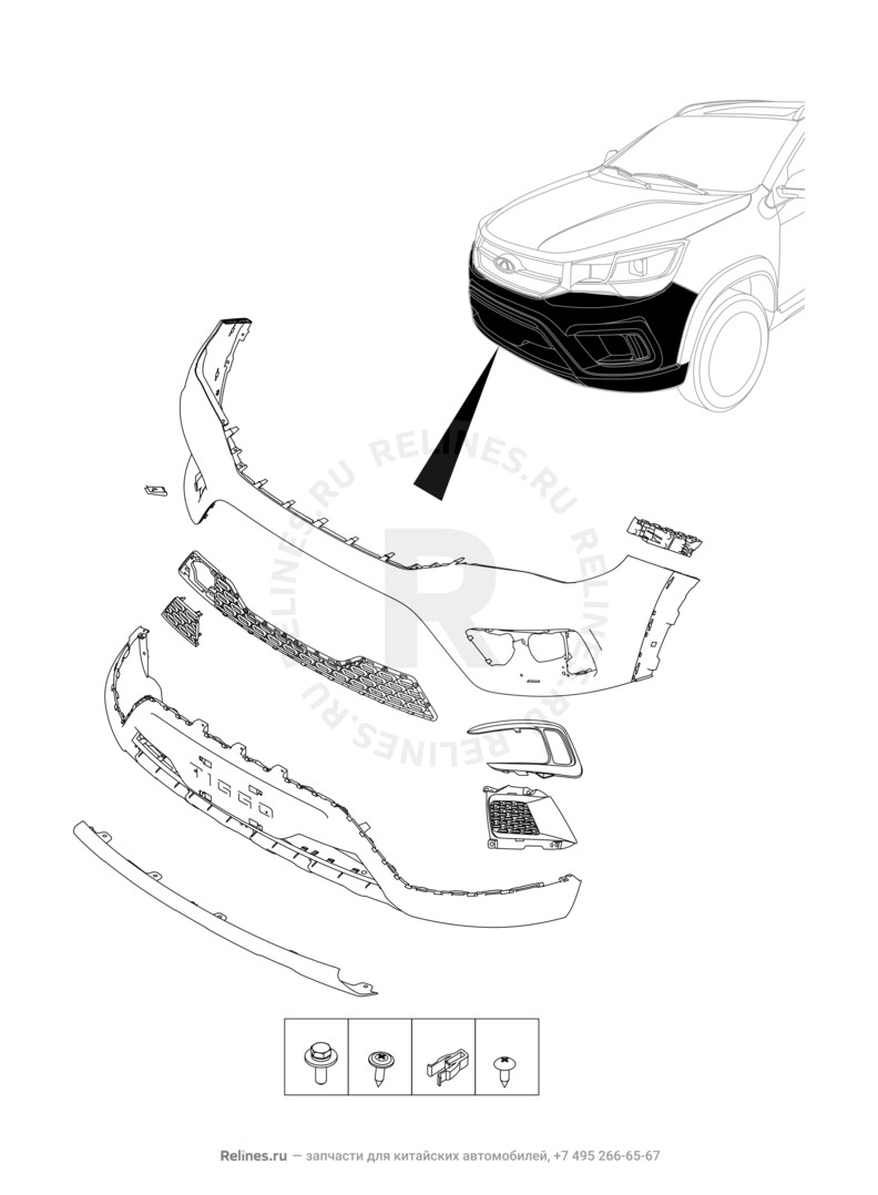 Запчасти Chery Tiggo 2 Поколение I (2016)  — Передний бампер и другие детали фронтальной части — схема