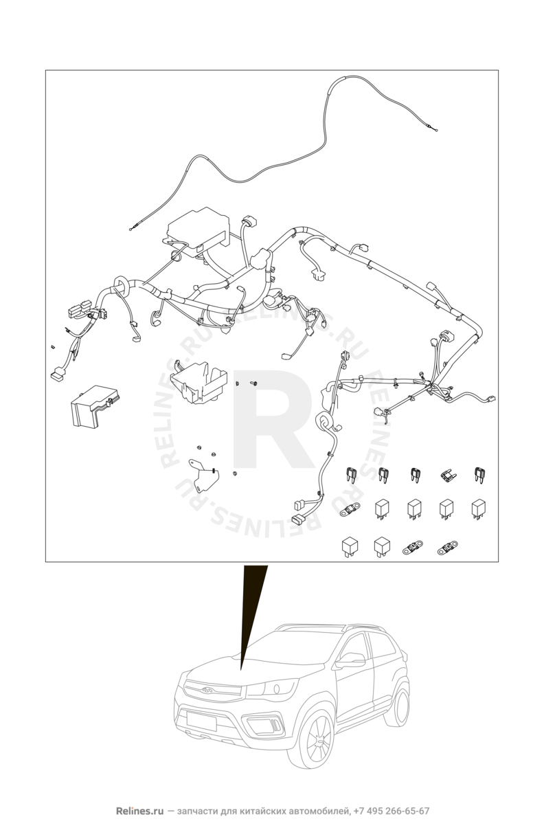 Запчасти Chery Tiggo 2 Поколение I (2016)  — Проводка моторного отсека, блок предохранителей, предохранители и реле (1) — схема