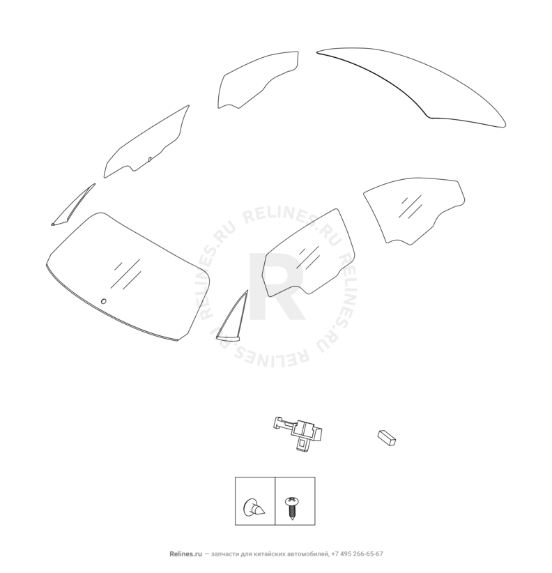 Запчасти Chery Tiggo 2 Поколение I (2016)  — Стекла и комплектующие (1) — схема