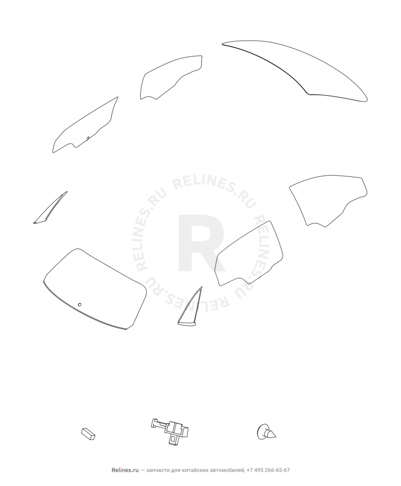Запчасти Chery Tiggo 2 Поколение I (2016)  — Стекла и комплектующие (2) — схема