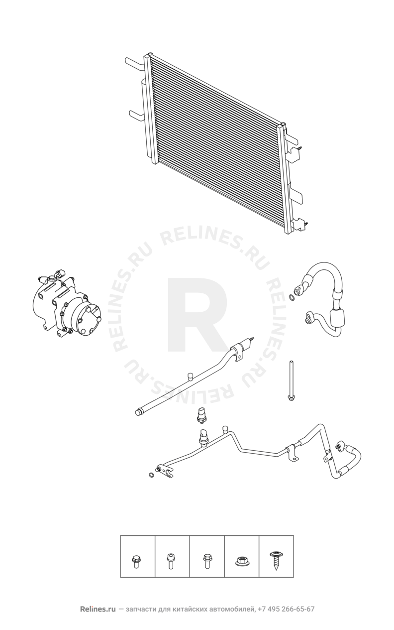 Запчасти Chery Tiggo 2 Поколение I (2016)  — Радиатор, трубки и датчик давления кондиционера — схема