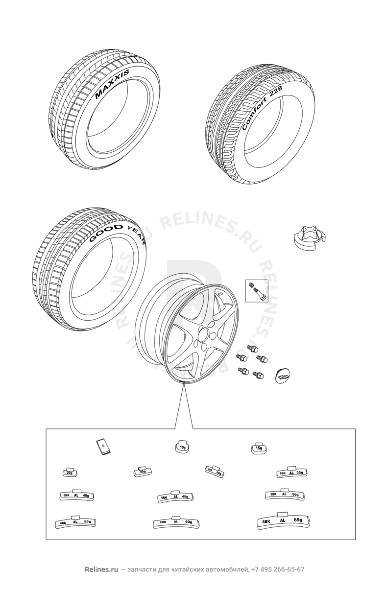 Запчасти Chery M12 Поколение I — хетчбэк (2008)  — Колесные диски алюминиевые (литые) и шины (1) — схема
