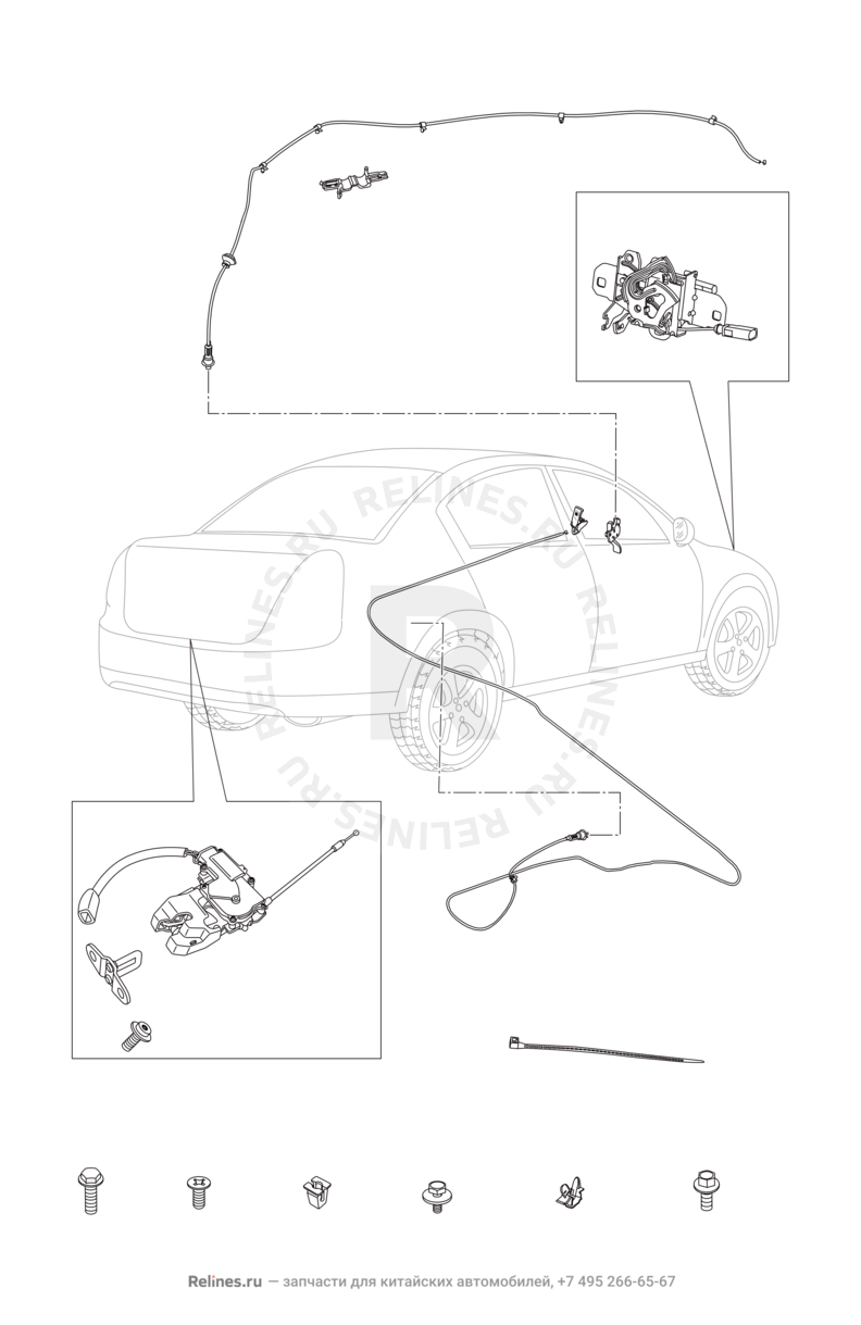 Замки, ручки капота и багажника, ручка открывания топливного бака Chery M11/M12 — схема