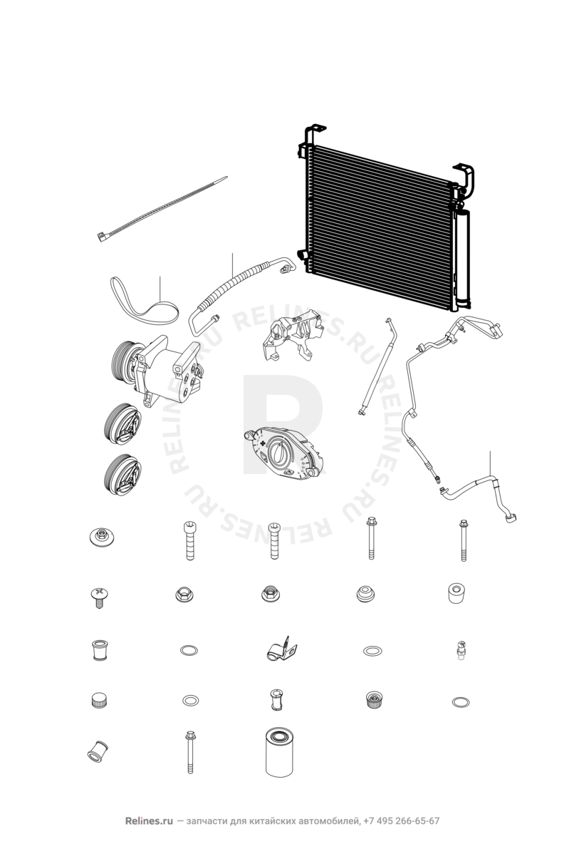 Запчасти Chery IndiS Поколение I (2009)  — Радиатор, компрессор и трубки кондиционера — схема