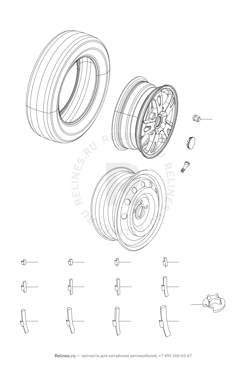 Крепление запасного колеса, колпаки и гайки колесные Chery IndiS — схема