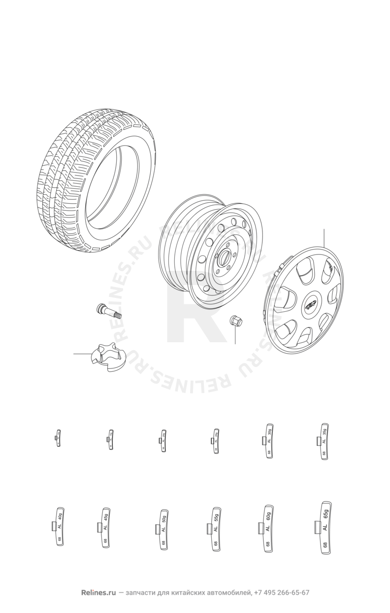 Колесные диски алюминиевые (литые) и шины (2) Chery IndiS — схема