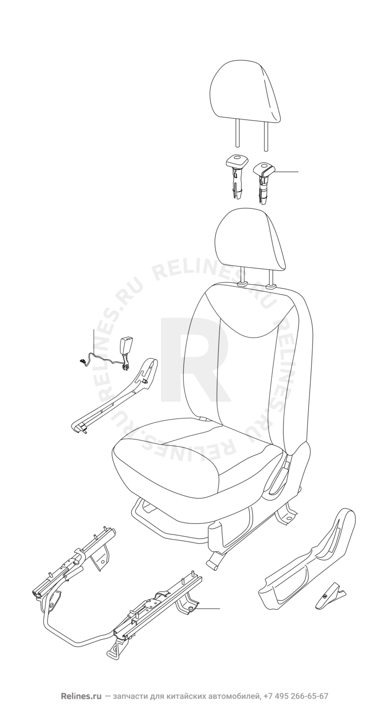 Сиденье переднее левое, механизмы регулировки и ремень безопасности Chery QQ6 — схема