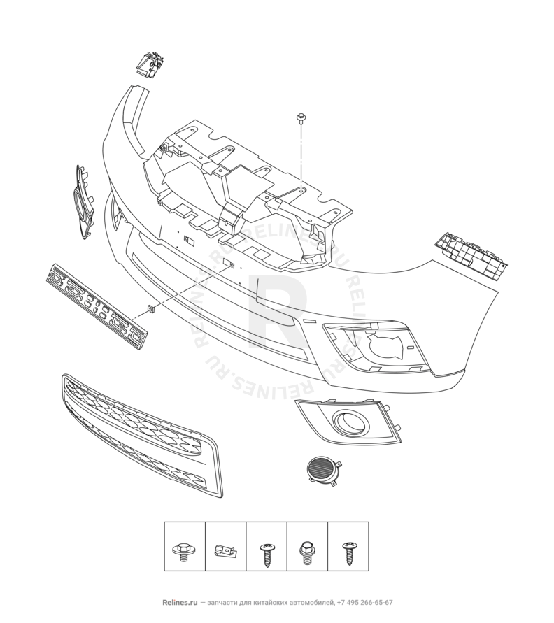 Передний бампер и другие детали фронтальной части Chery Tiggo 3 — схема