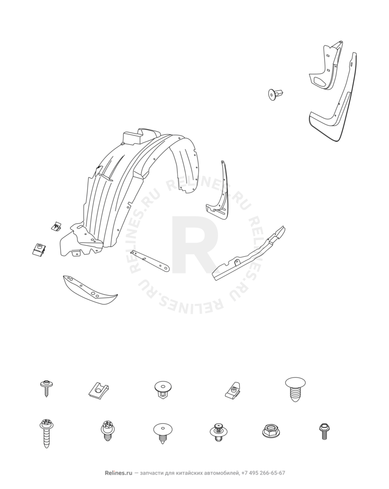 Подкрылки и брызговики (1) Chery Tiggo — схема