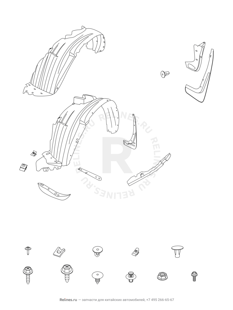 Подкрылки и брызговики (2) Chery Tiggo — схема