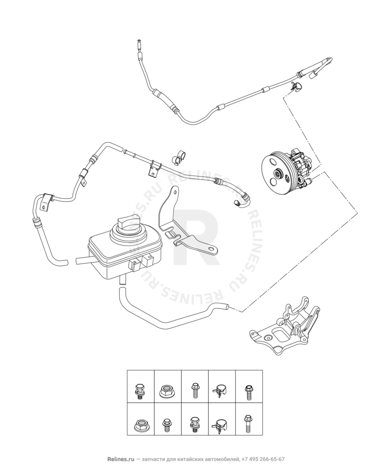 Запчасти Chery Tiggo Поколение I (2005)  — Бачок, трубка и насос гидроусилителя (ГУР) (1) — схема
