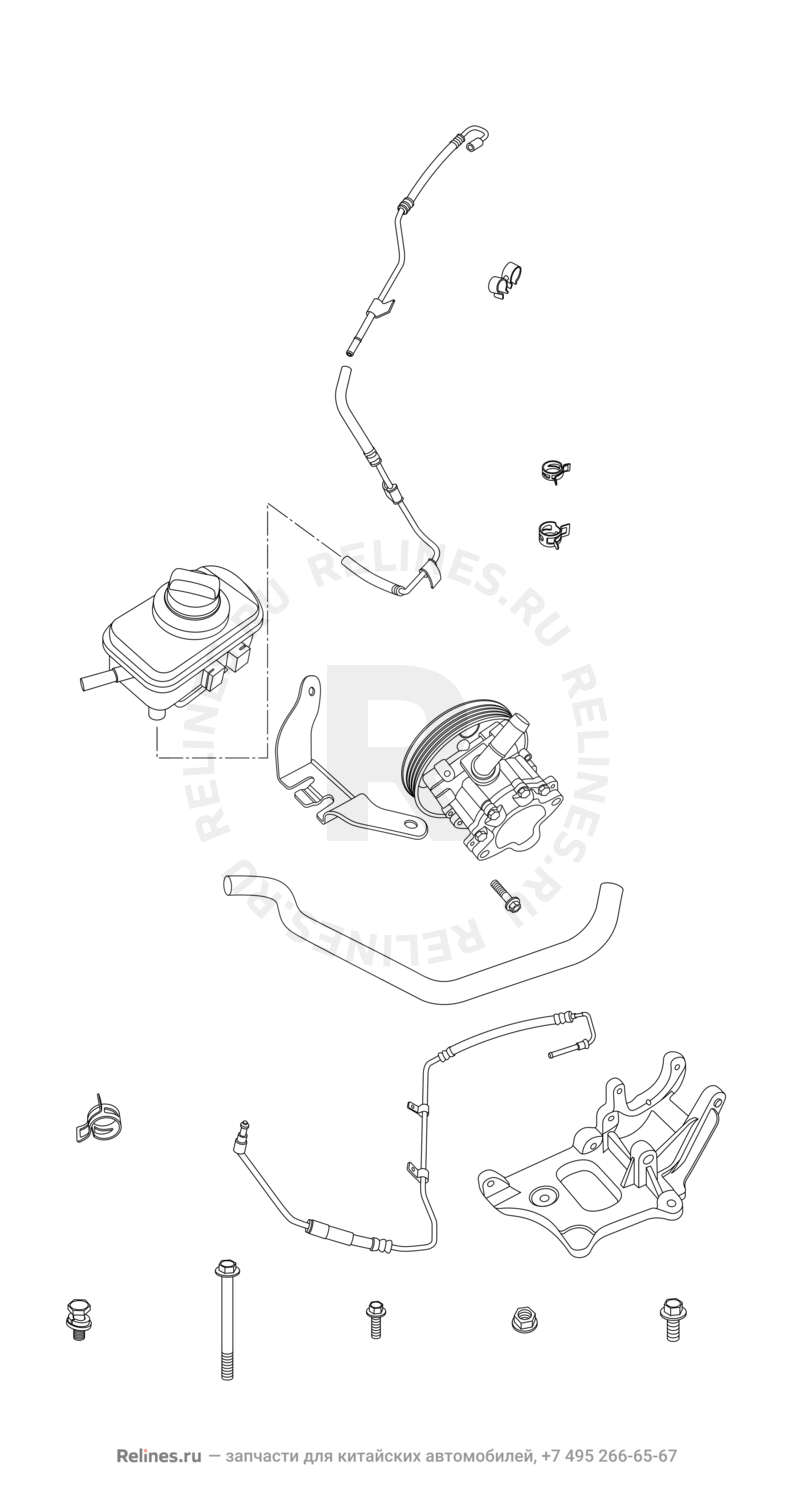 Запчасти Chery Tiggo 3 Поколение I (2014)  — Бачок, трубка и насос гидроусилителя (ГУР) (2) — схема