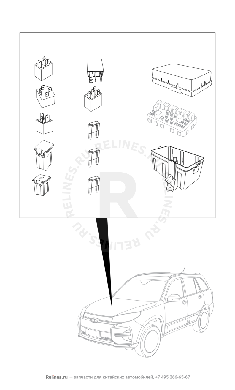 Запчасти Chery Tiggo 3 Поколение I (2014)  — Блок предохранителей, предохранители и реле (1) — схема