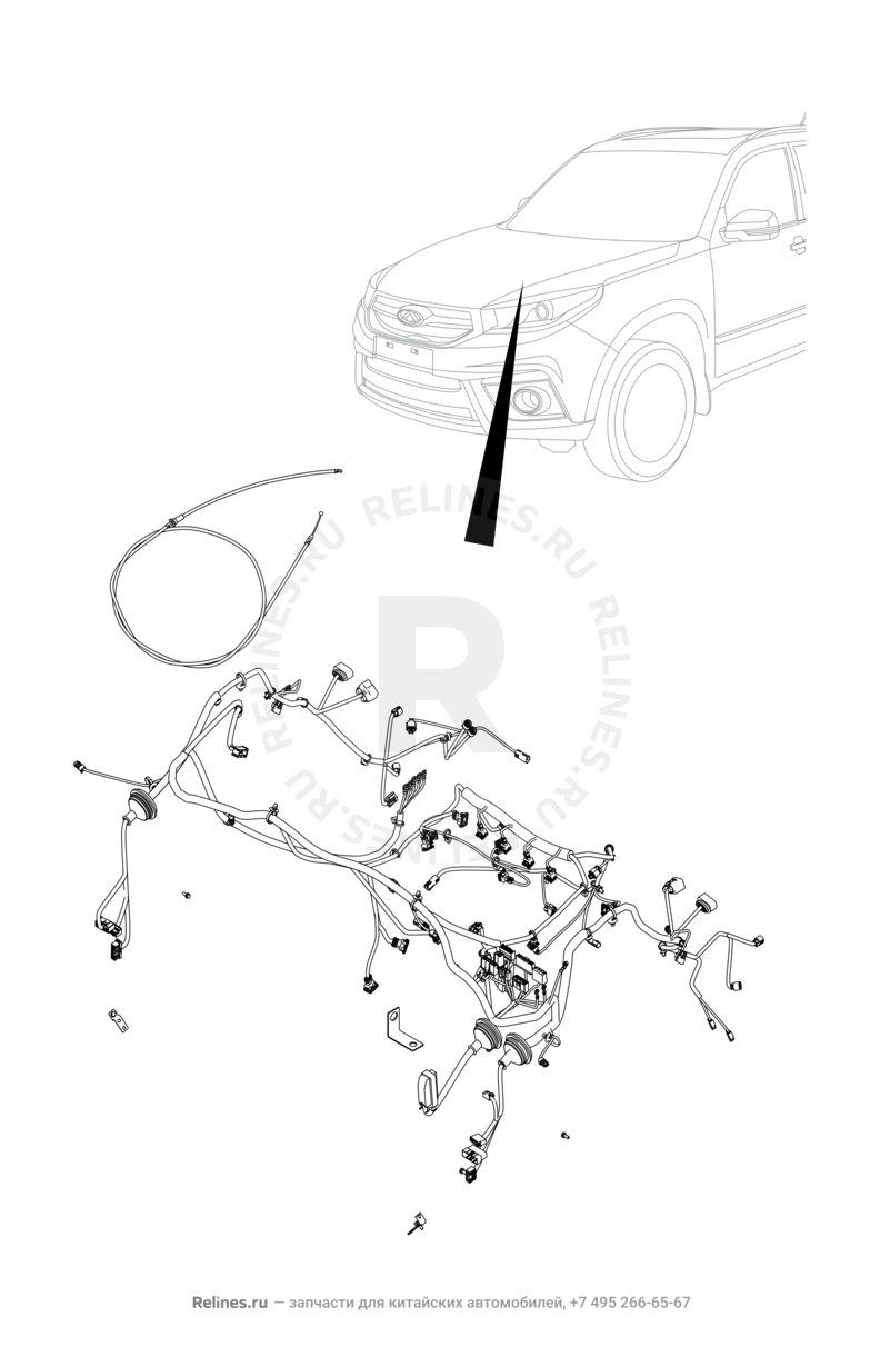 Запчасти Chery Tiggo 3 Поколение I (2014)  — Проводка моторного отсека, блок предохранителей, предохранители и реле (1) — схема