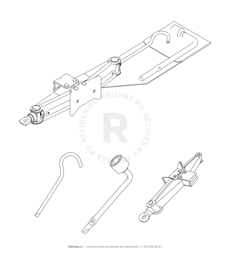 Запчасти Chery Tiggo 3 Поколение I (2014)  — Набор автомобилиста (домкрат, знак аварийной остановки, крюк буксировочный, балонный ключ) — схема