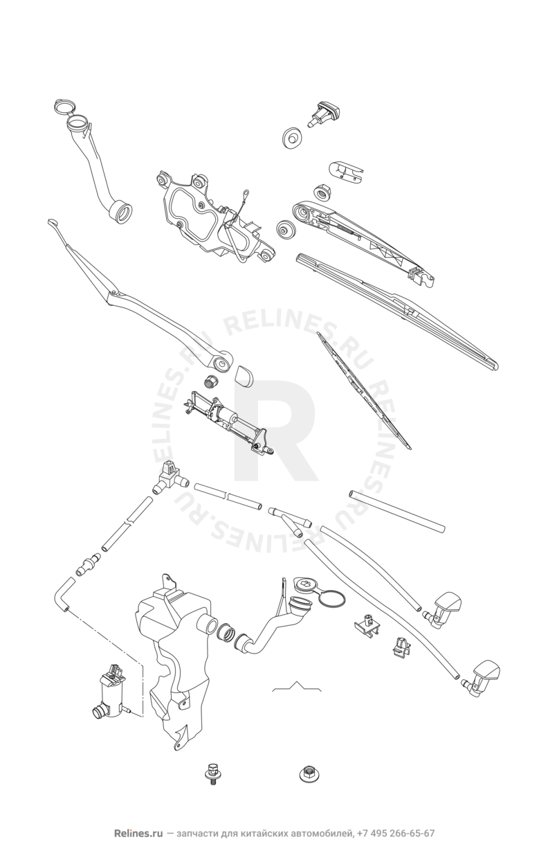 Запчасти Chery Tiggo Поколение I (2005)  — Стеклоомыватели и их составляющие (насос, бачок, форсунка, трубки и прокладки) (1) — схема