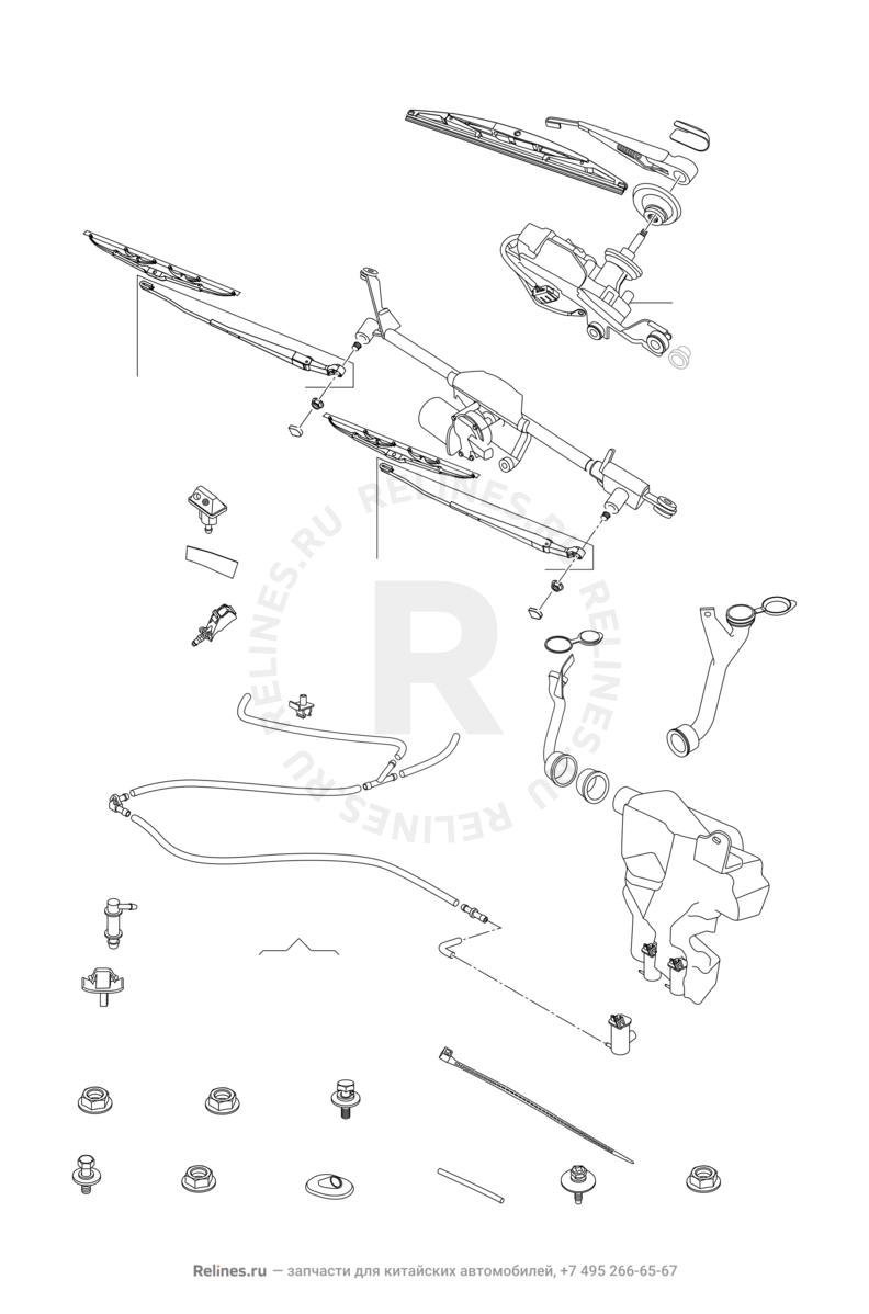 Запчасти Chery Tiggo 3 Поколение I (2014)  — Стеклоомыватели и их составляющие (насос, бачок, форсунка, трубки и прокладки) — схема