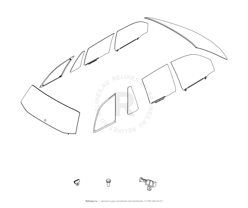 Запчасти Chery Tiggo 3 Поколение I (2014)  — Стекла и комплектующие — схема