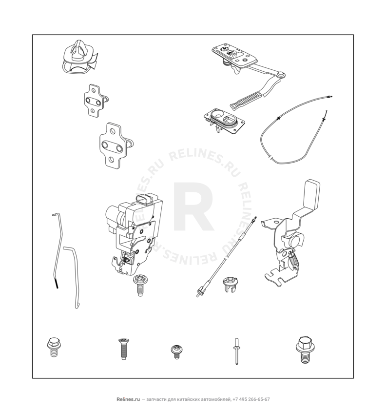 Замки, ручки капота и багажника, ручка открывания топливного бака Chery Tiggo — схема