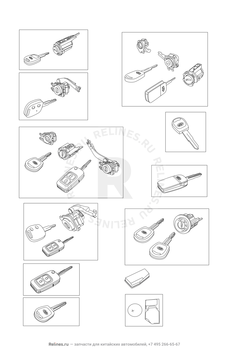 Личинки замков, чип иммобилайзера, ключи и ключ заготовка (2) Chery Tiggo — схема