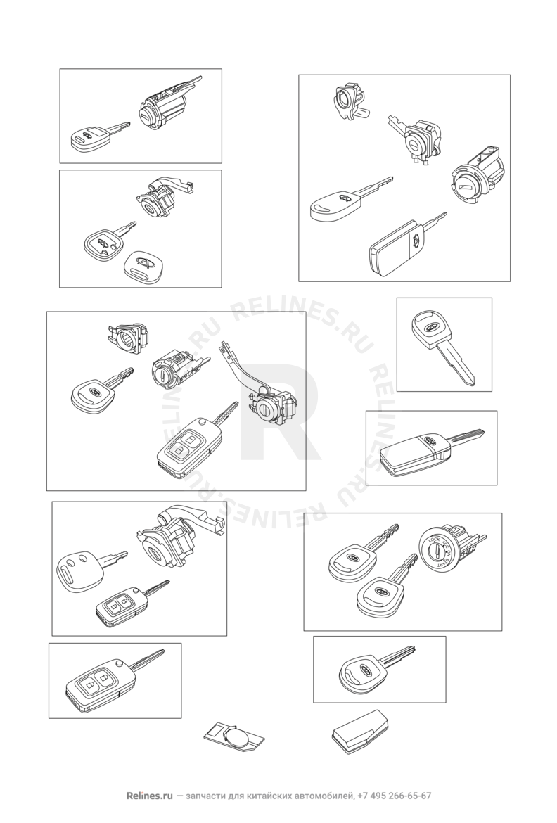 Запчасти Chery Tiggo Поколение I (2005)  — Ключи, личинки замков, чип иммобилайзера, ключ заготовка и ручки — схема