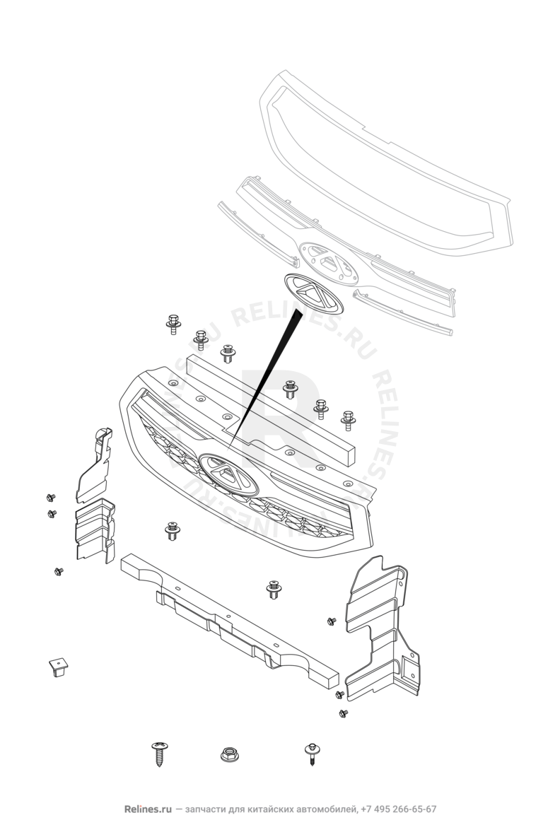 Запчасти Chery Tiggo 3 Поколение I (2014)  — Эмблема и решетка радиатора в сборе — схема