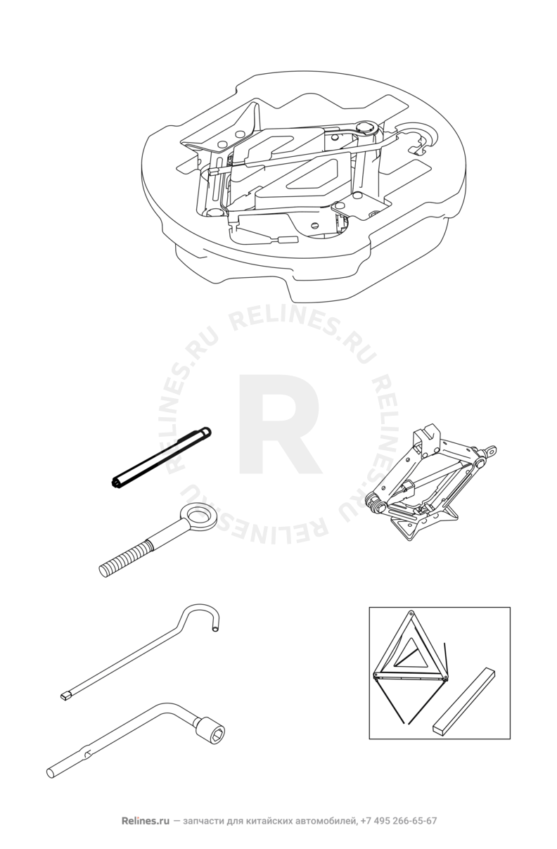 Запчасти Chery Tiggo 7 Поколение I (2016)  — Набор автомобилиста (домкрат, знак аварийной остановки, крюк буксировочный, балонный ключ) — схема