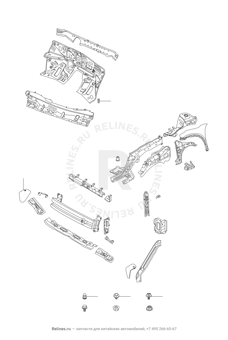 Запчасти Chery Tiggo 7 Поколение I (2016)  — Лонжероны и перегородка моторного отсека — схема