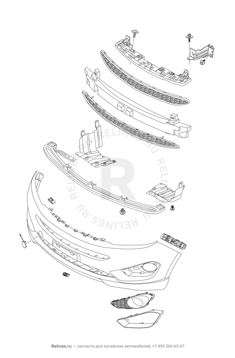Передний бампер и другие детали фронтальной части Chery Tiggo 5 — схема