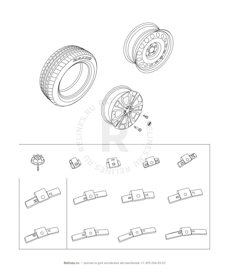 Запчасти Chery Tiggo 5 Поколение I (2013)  — Крепление запасного колеса, колпаки и гайки колесные (2) — схема