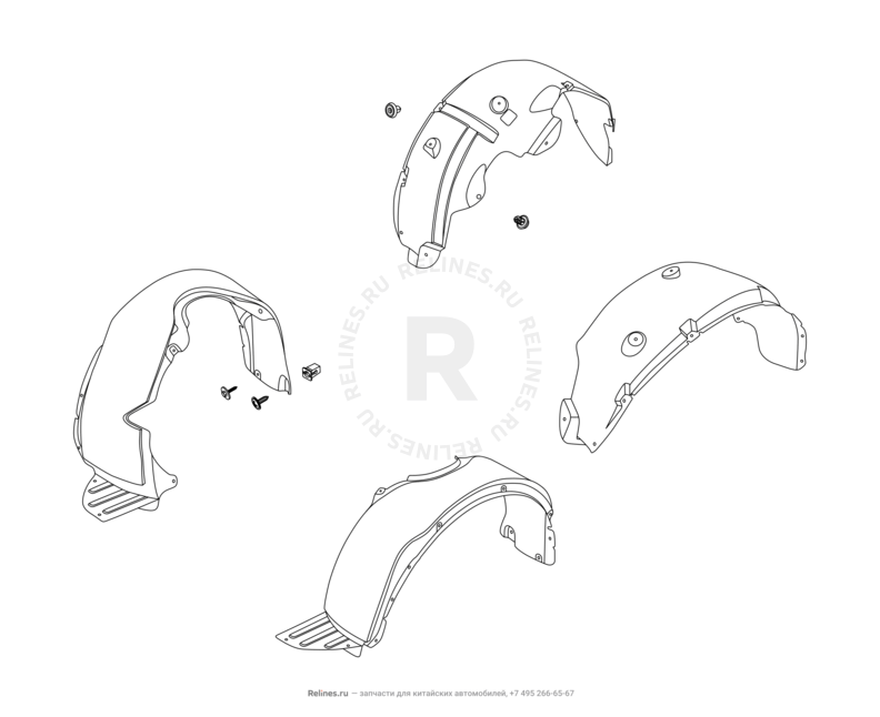 Запчасти Chery Tiggo 5 Поколение I (2013)  — Подкрылки и брызговики (1) — схема