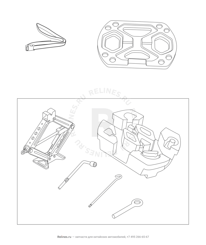 Запчасти Chery Tiggo 5 Поколение I (2013)  — Набор автомобилиста (домкрат, знак аварийной остановки, крюк буксировочный, балонный ключ) (2) — схема