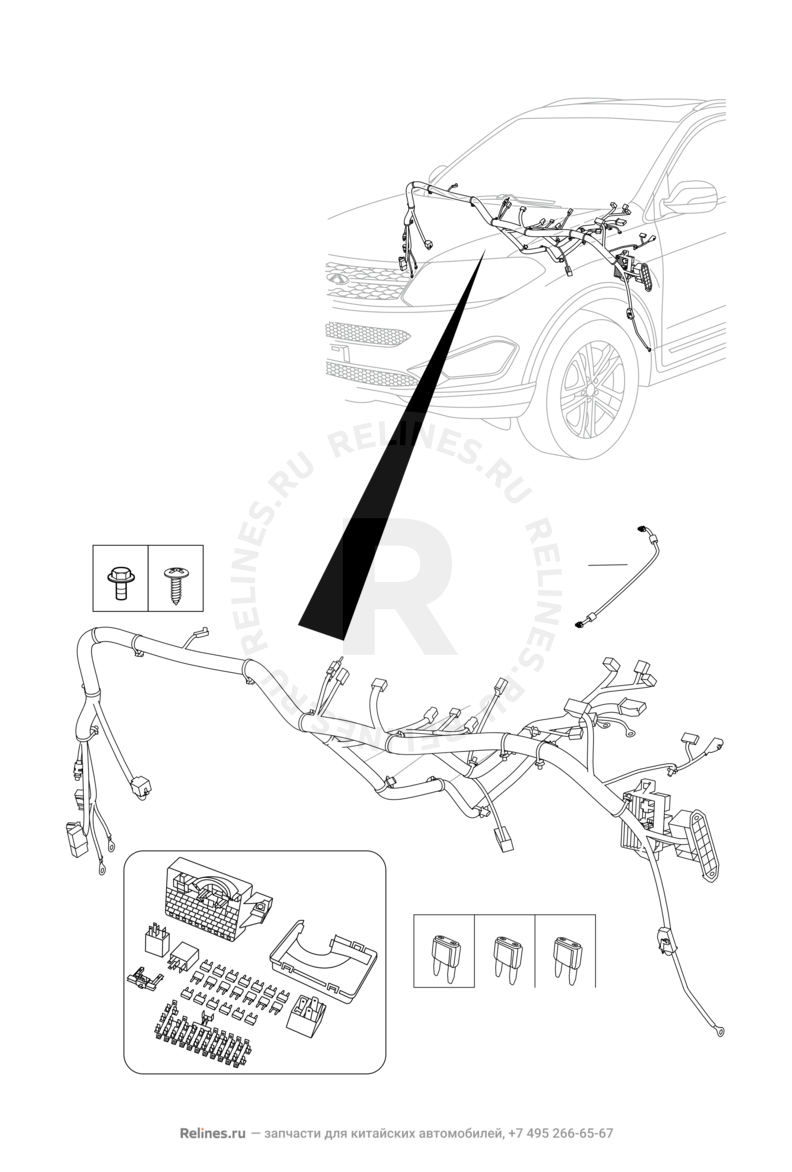 Запчасти Chery Tiggo 5 Поколение I (2013)  — Проводка панели приборов (торпедо) и предохранители (4) — схема