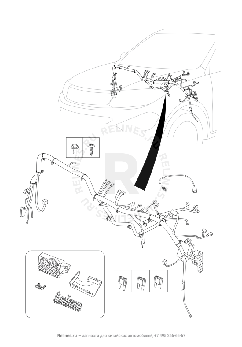 Запчасти Chery Tiggo 5 Поколение I (2013)  — Проводка панели приборов (торпедо) и предохранители (3) — схема